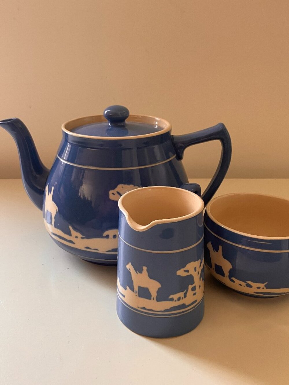 1930's TG GReen TALLY HO Blue White Cornish Ware Teapot Set Teapot, Sugar, Cream